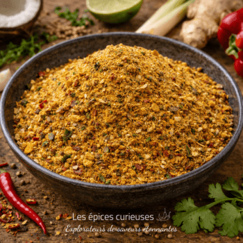 Mélange d'épices coloré dans un bol en céramique sur table en bois, entouré d'ingrédients frais et aromatiques.