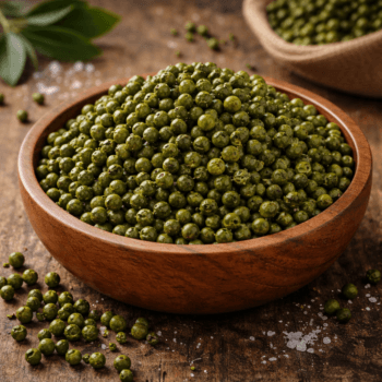 Bol de poivre vert entier dans un plat en bois sur une table rustique, avec quelques grains éparpillés.