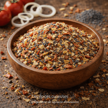 Mélange d'épices variées dans un bol en bois, prêt à rehausser vos plats avec saveur et couleur.