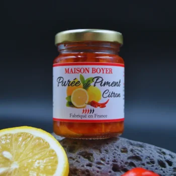 Bocal de purée de piment citron Maison Boyer, fabriqué en France, avec citron et piment en décor.