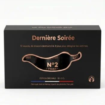 Coffret Dernière Soirée avec 10 sauces épicées et 8 jeux, édition originale, fabriqué en France.
