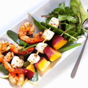 Brochettes de crevettes marinées au sumac et paprika avec salade de melon, feta et coriandre – recette estivale fraîche et savoureuse- Les épices curieuses