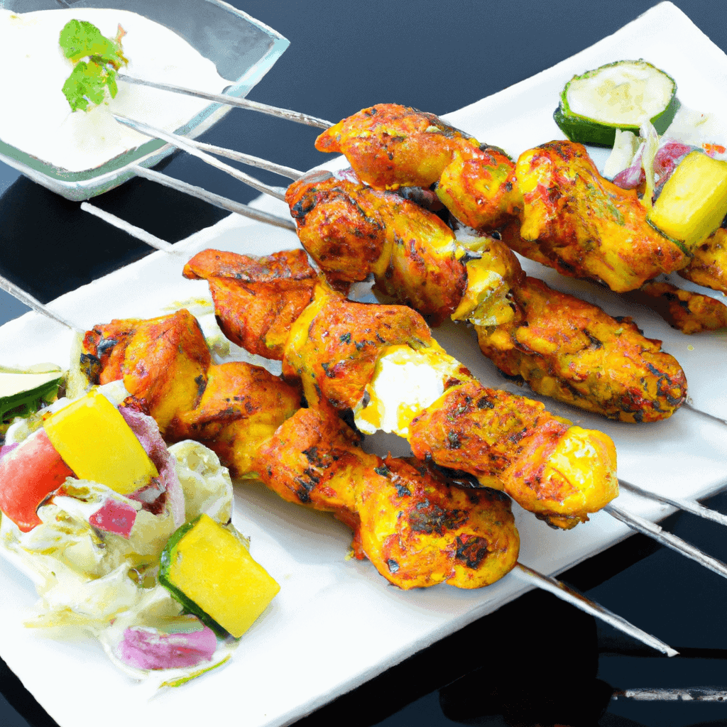 Brochettes de poulet au yaourt et garam masala avec salade de mangue fraîche – recette facile et parfumée pour l’été- Les épices curieuses