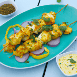 Brochettes de poulet marinées au yaourt et curcuma avec sauce tzatziki à la coriandre – recette estivale savoureuse et parfumée- Les épices curieuses
