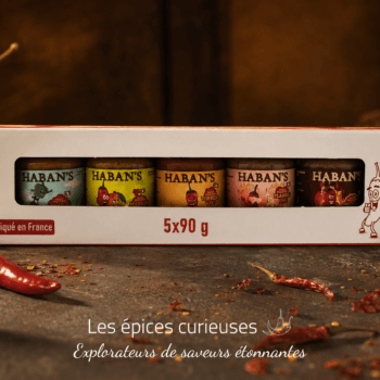 Coffret de sauces piquantes Haban's, fabriqué en France, 5 pots de 90g, ambiance épices et piments.