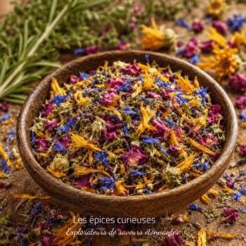 Bol de fleurs séchées colorées sur une table en bois, idéal pour infusion ou décoration naturelle.