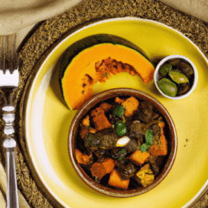 Tajine végétarien d'automne à la courge butternut rôtie, dattes Medjool, pois chiches et ras el-hanout noir- Les épices curieuses