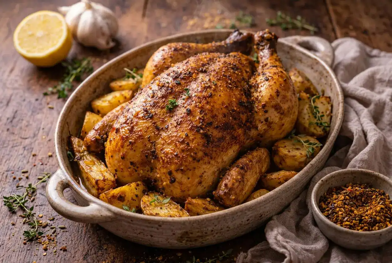 Poulet entier rôti aux épices satay avec pommes de terre dorées dans un plat en céramique rustique.