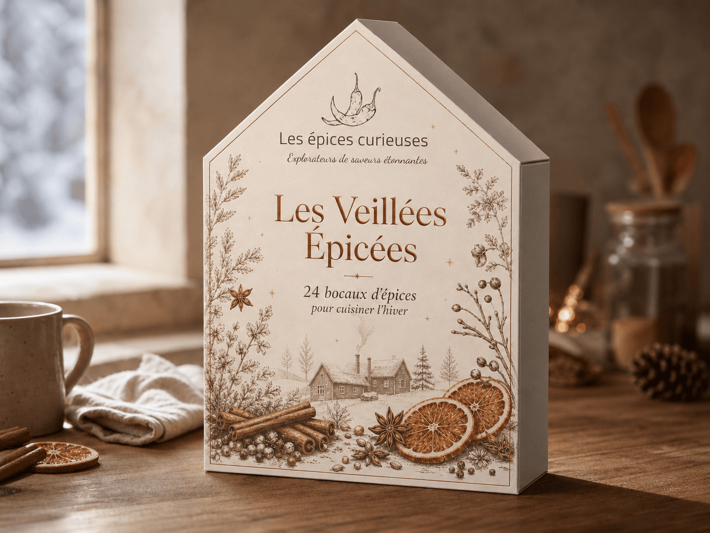 Coffret Les Veillées Épicées avec 24 bocaux d'épices, idéal pour sublimer vos plats d'hiver.
