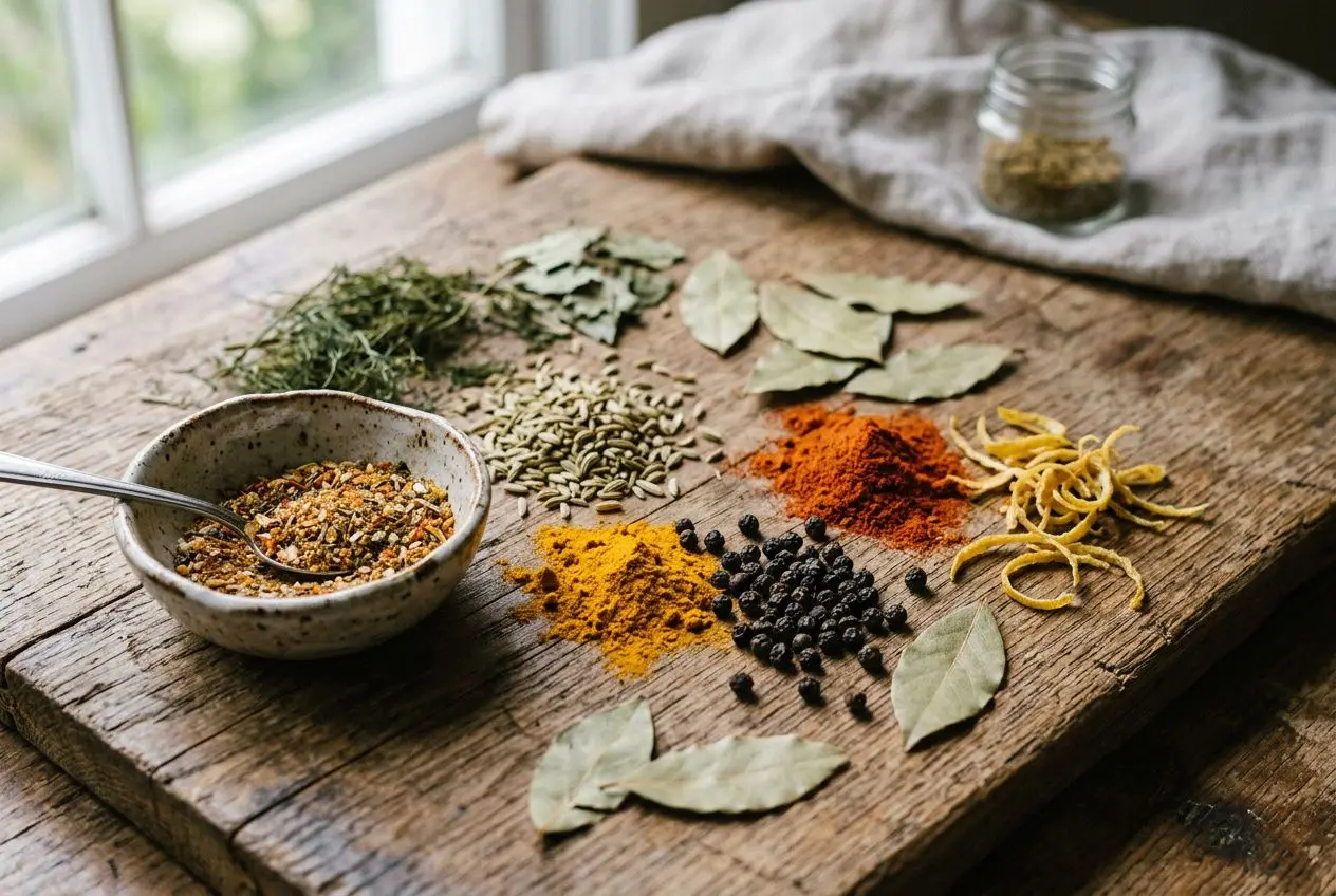 Assortiment d’épices et herbes sèches sur une planche en bois, avec un bol de mélange épicé et des grains, feuilles et zeste. quel mélange d'épices pour le poisson.