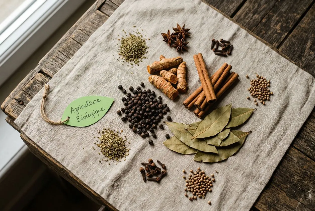 Fleurs et épices biologiques, notamment cannelle, gingembre, et feuilles de laurier, disposés sur un.