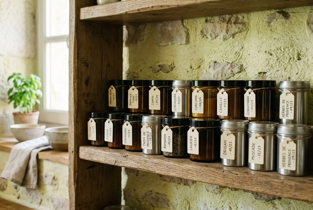 Herbes en bocaux avec étiquettes dans une cuisine rustique, parfait pour les amateurs d'épices bio e.
