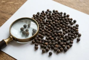 Gros plan sur des grains de poivre noir dispersés sur du papier blanc, avec une loupe montrant des détails des grains.