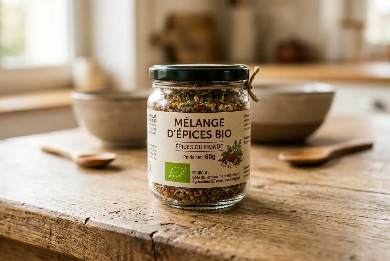 Mélange d'épices bio en pot, idéal pour cuisine artisanale et bio.