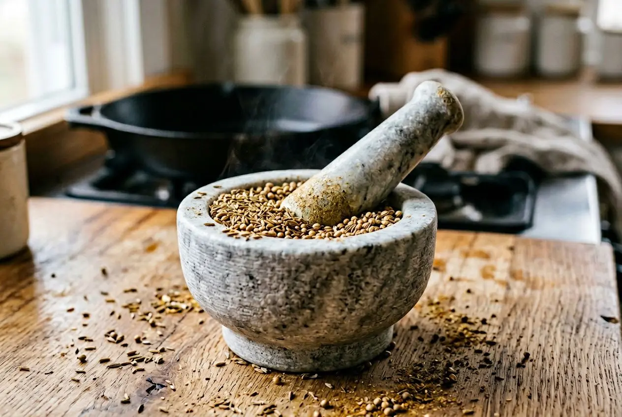 Mortier et pilon en pierre écrasant des graines, prêt à moudre des épices sur une table en bois. Comment moudre les épices : guide maison.