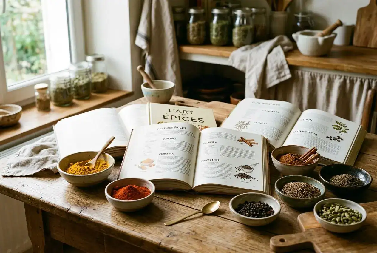 Plantes aromatiques et épices en préparation sur une table en bois avec livres de recettes et bocaux.