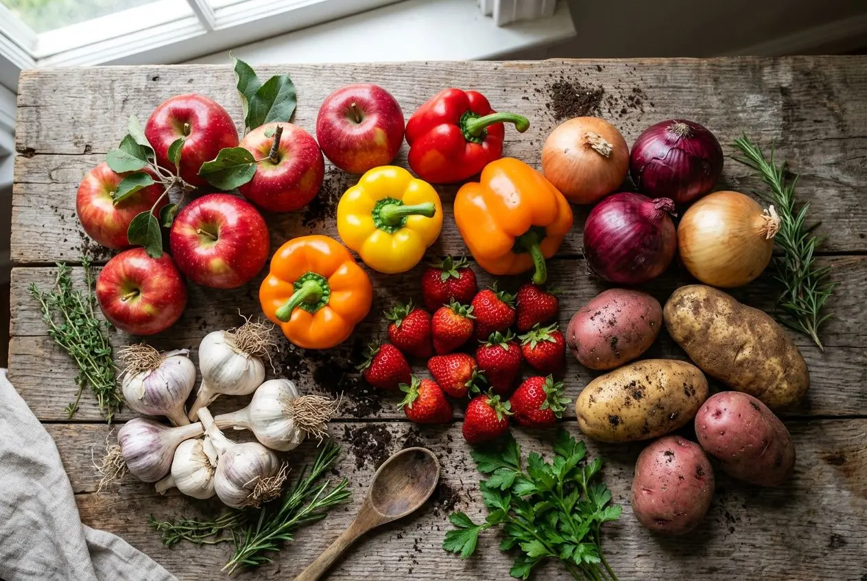 Panier de légumes et fruits frais colorés sur une table en bois, avec ail, pommes, poivrons, fraises et herbes aromatiques. manger bio moins cher conseils suggéré.