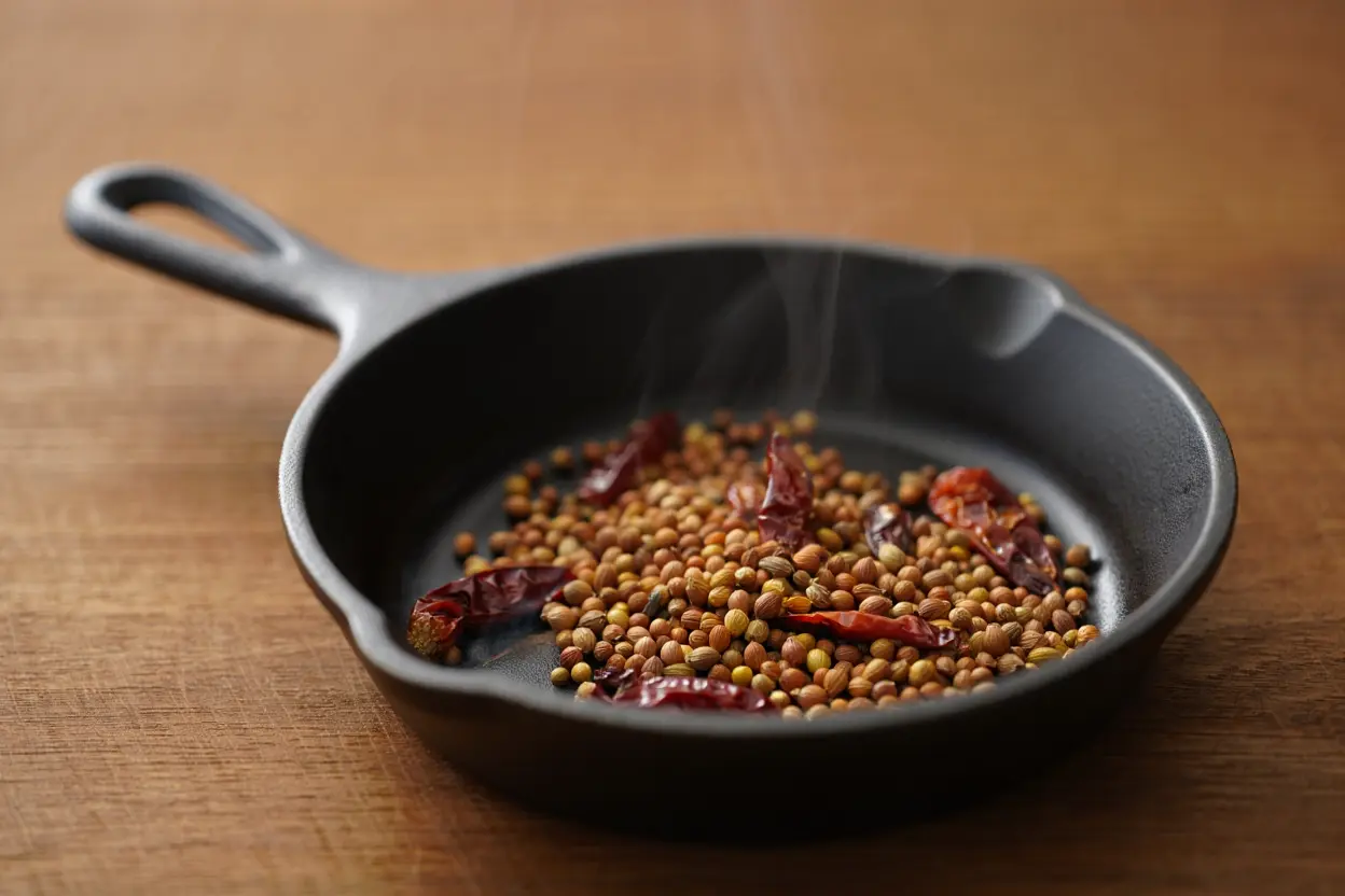Mélange d'épices bio artisanales dans une poêle en fonte, prêt à cuisiner.