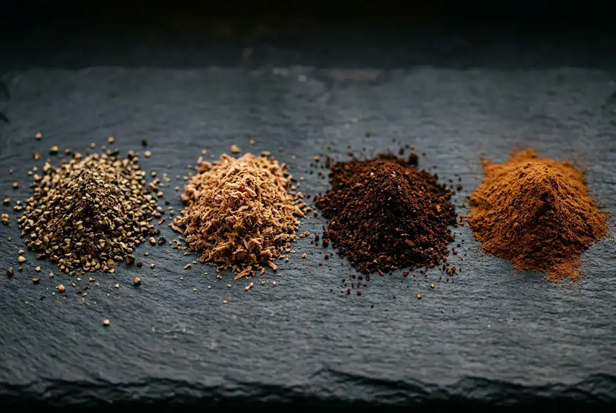 Poudres d'épices bio et artisanales : poivre, cumin, paprika, curcuma.