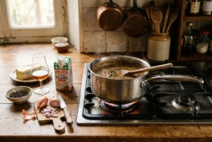 Sauce au poivre maison en préparation : une casserole mijote sur le feu avec des grains de poivre, œufs d'ail et crème à côté dans la cuisine rustique.