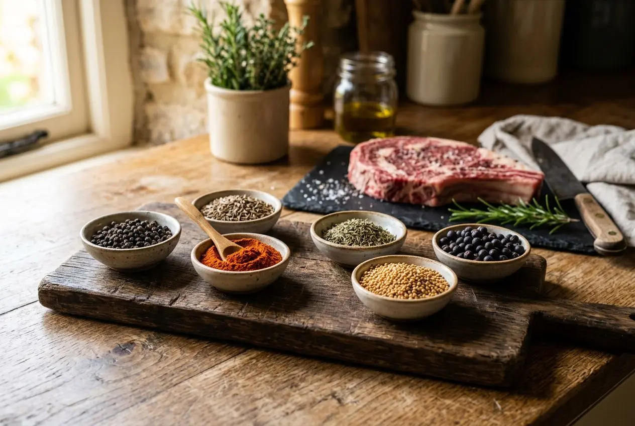 Assortiment d'épices bio avec viande fraîche sur planche en bois dans cuisine rustique.