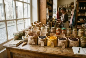 Épicerie d'épices bio en vrac avec fleurs, curcuma, clous de girofle, gingembre, et autres produits.