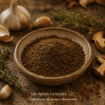 Poudre d'épices dans un bol en céramique avec ail, herbes, champignons séchés et piment rouge sur fond en bois rustique.