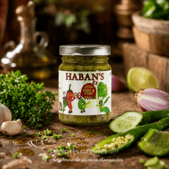 Pot de sauce piquante Haban's Pers & Vert entouré de légumes frais : persil, concombre, ail et citron vert.