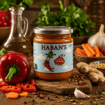 Sauce douce Haban's sur fond de légumes frais et épices, mettant en valeur des saveurs naturelles et authentiques.
