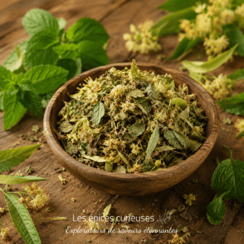 Bol en bois de tilleul séché sur table rustique entouré de feuilles et fleurs fraîches.