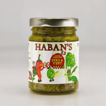 Pot de sauce Haban's persil et vert, illustré avec des légumes rigolos sur l'étiquette.
