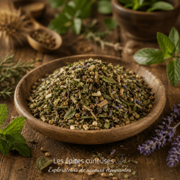 Assortiment d'herbes sèches et épices dans un bol en bois, avec des herbes fraîches en arrière-plan. Approche culinaire naturelle.