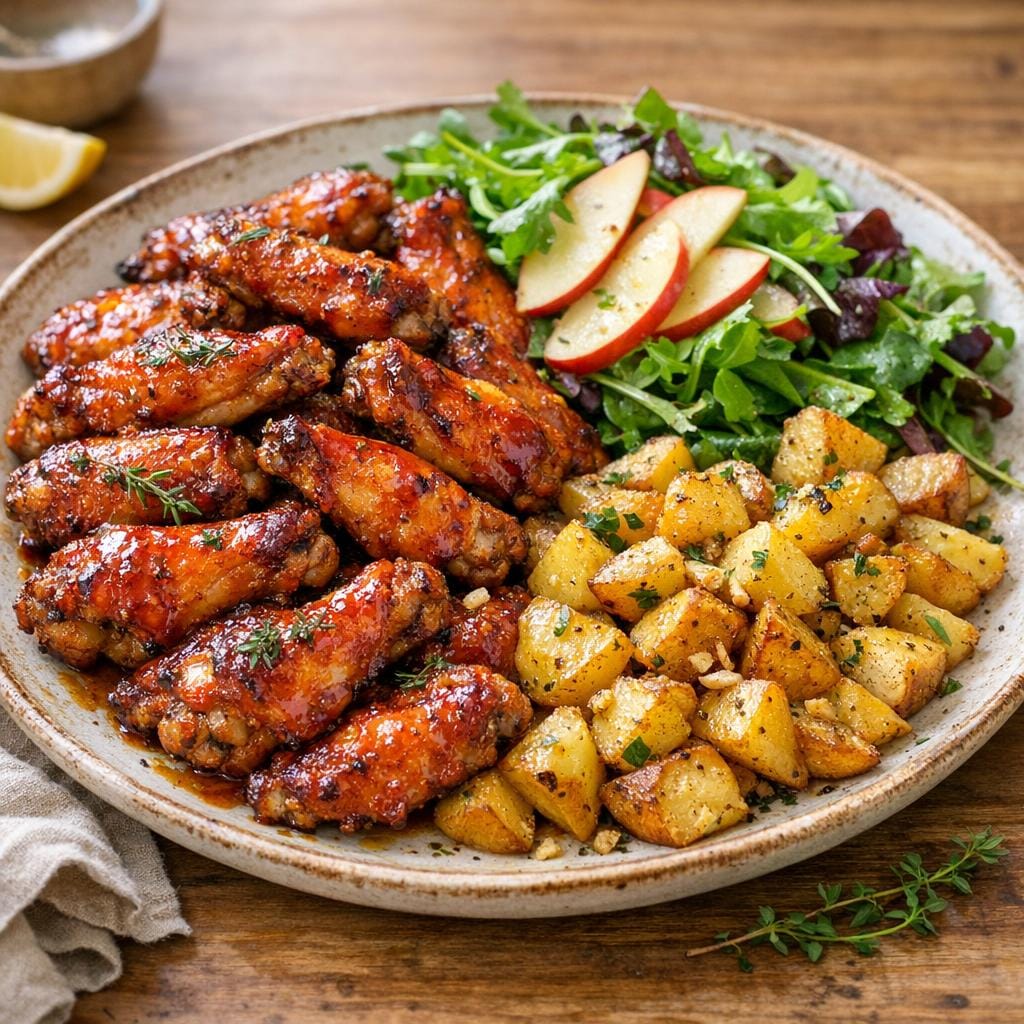 Ailes de poulet rôties, glaçage à la Sauce Piquante Pommes d’Alain, pommes de terre sautées et salade croquante avec Sauce Piquante Pommes d’Alain