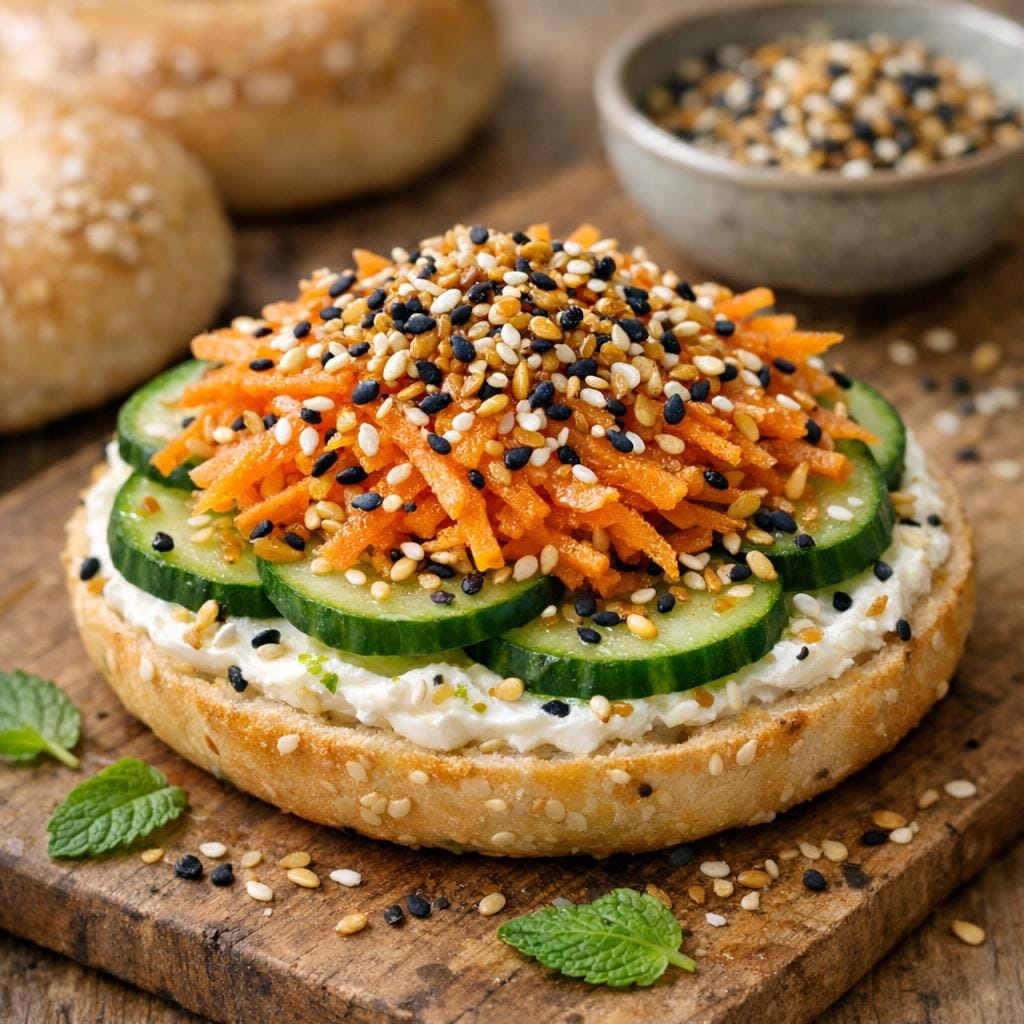 Bagel Twist Oriental au fromage frais, concombre et carottes râpées avec Assemblage à Bagel Twist Oriental