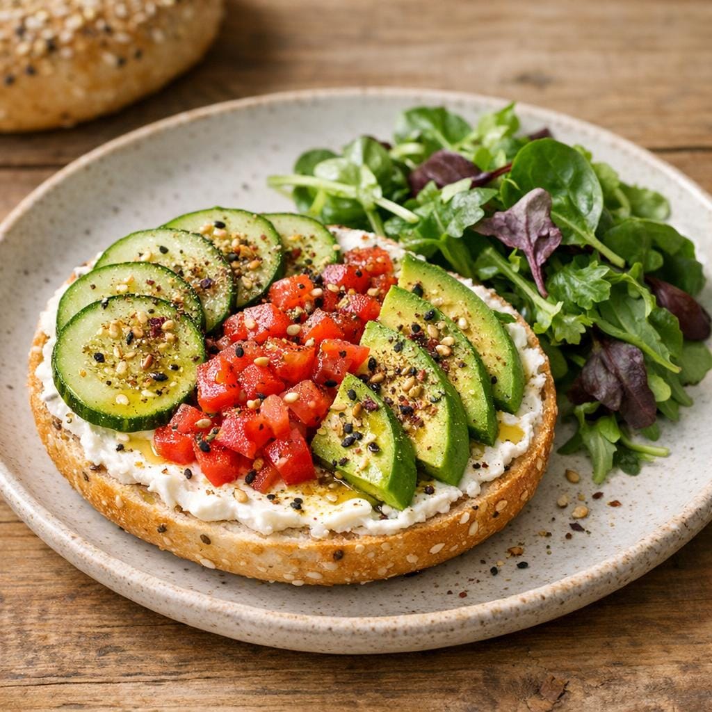 Bagels gourmands au fromage frais, concombre, tomate, avocat et Assemblage à Bagel façon Zaatar avec Assemblage à Bagel façon Zaatar