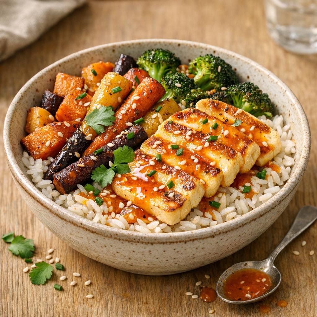 Bol de riz, légumes rôtis et halloumi grillé à la Sauce Piquante Yuzu avec Sauce Piquante Yuzu