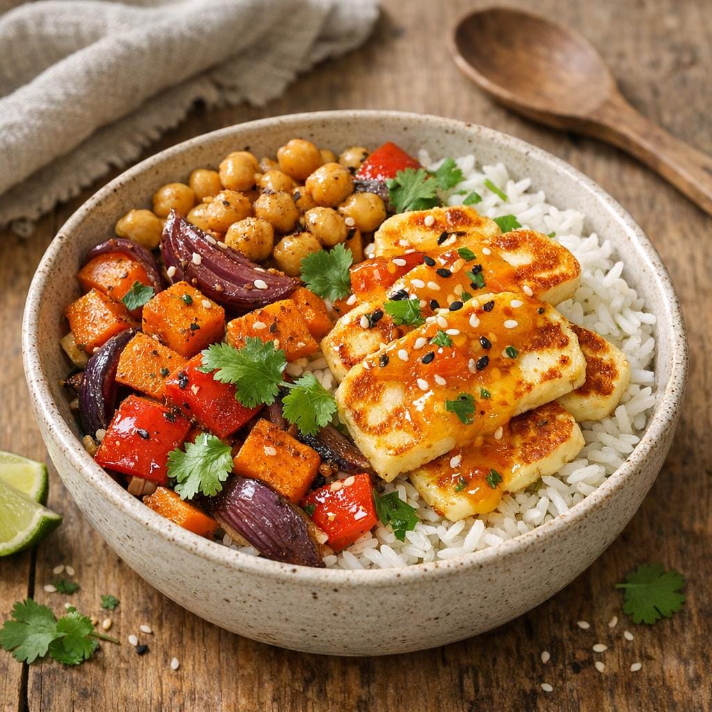 Bol végétarien aux légumes rôtis, pois chiches et halloumi nappés à la Purée de Piment Ananas Légère avec Purée de Piment Ananas Légère