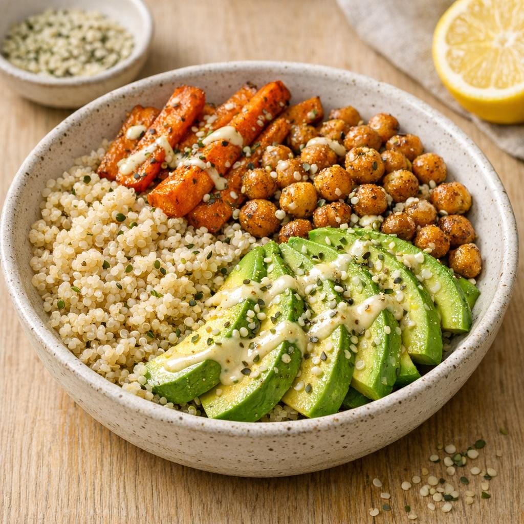 Bowl de quinoa, carottes rôties, avocat et pois chiches aux graines de chanvre décortiquées avec Graines de chanvre décortiquées