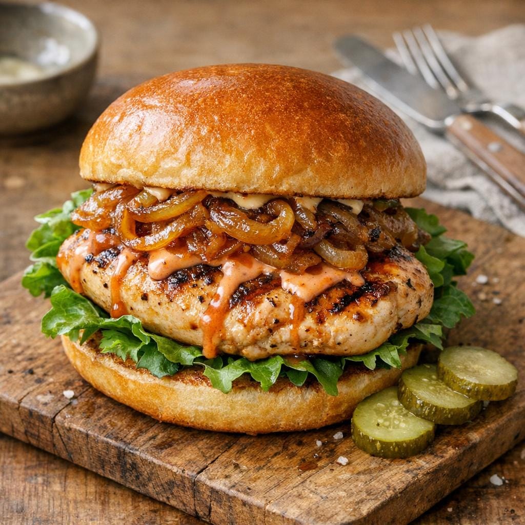 Burger de poulet grillé, oignons confits et Sauce Piquante Hot Barbe (Verveine / Rhubarbe) avec Sauce Piquante Hot Barbe (Verveine / Rhubarbe)