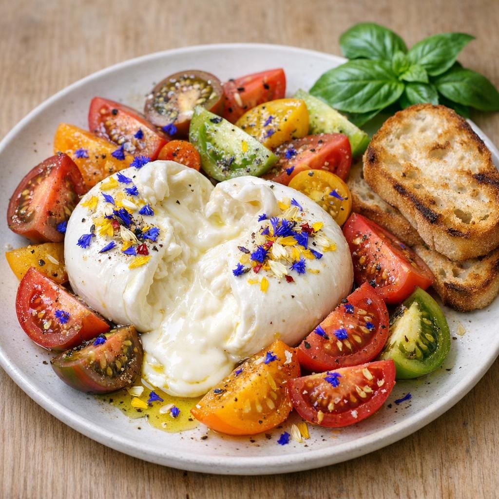 Burrata aux tomates anciennes, pain grillé et Éclats Floraux avec Éclats Floraux - Fleurs comestibles