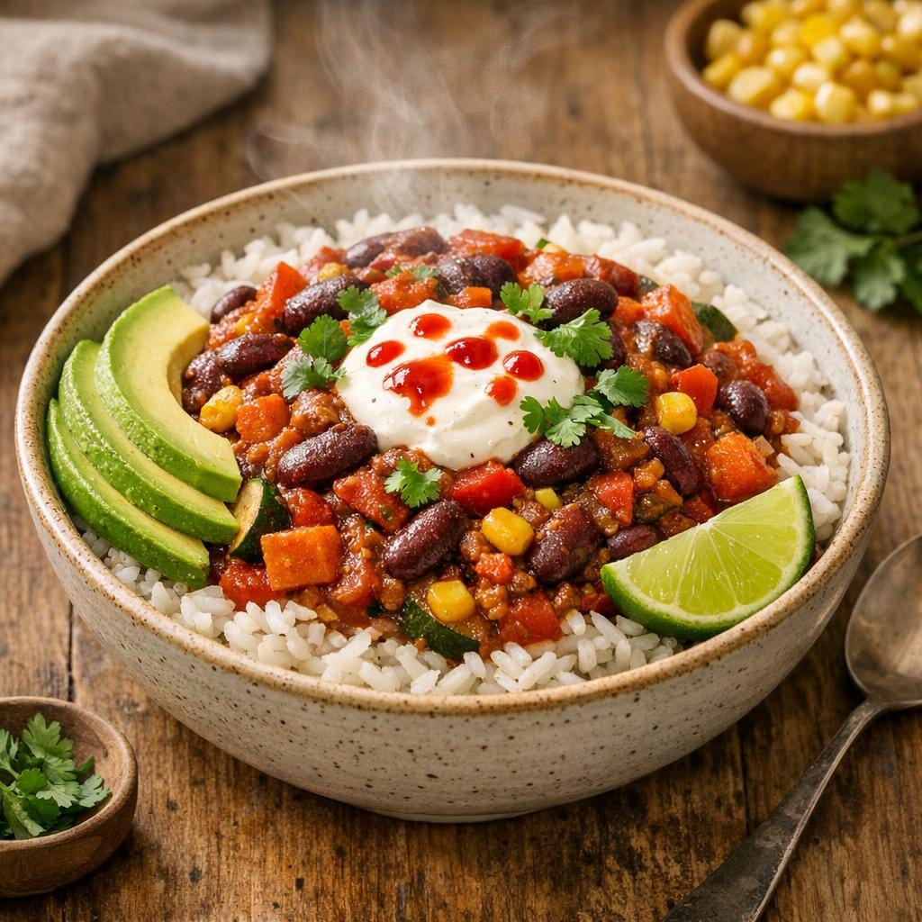 Chili sin carne relevé à la Sauce Piquante Danger, riz, avocat et crème végétale avec Sauce Piquante Danger (force 10/10) ultra forte