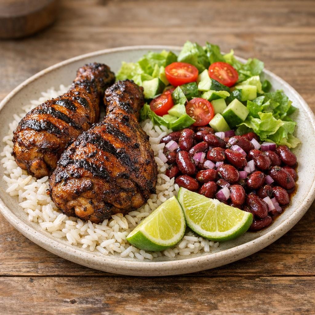 Cuisses de poulet au Jamaïcain jerk, riz et haricots rouges avec Jamaïcain jerk