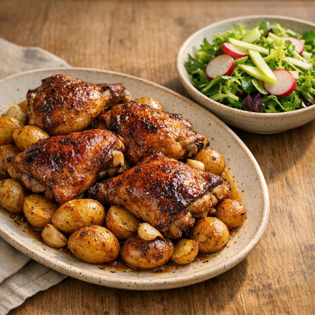 Cuisses de poulet caramélisées à la Fumée sauvage, pommes grenailles et salade croquante avec Fumée sauvage