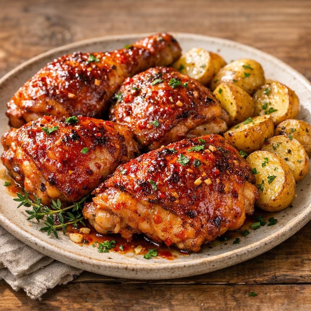 Cuisses de poulet rôties laquées à la Purée de Piment Rouge Artisanale et pommes de terre avec Purée de Piment Rouge Artisanale – Force 1/5 - 85G