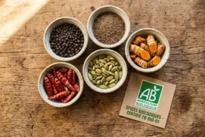 Différence épices bio classiques : assortiment de cinq épices en petits bols sur bois, avec un label AB biologique assorti.