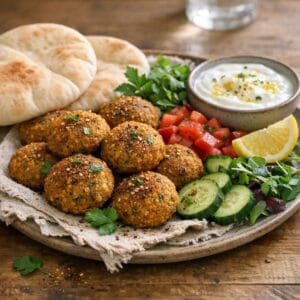 Falafels croustillants au mélange Kefta et Falafel, yaourt citronné et pita avec Kefta et Falafel