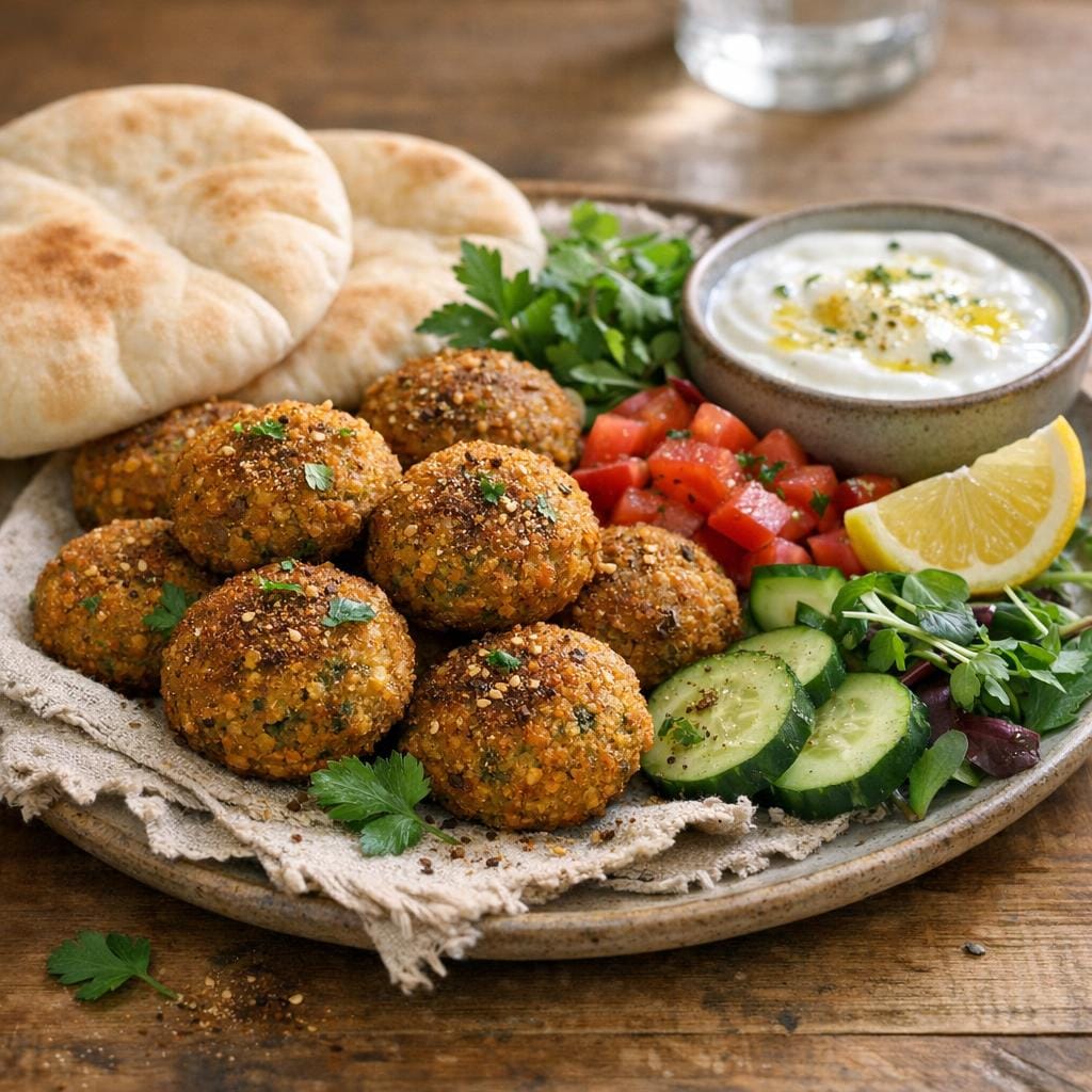 Falafels croustillants au mélange Kefta et Falafel, yaourt citronné et pita avec Kefta et Falafel