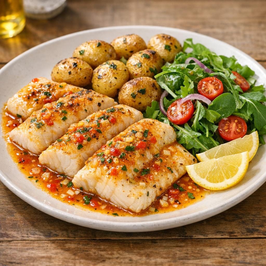 Filets de poisson grillés au piment-citron, pommes de terre rôties et salade croquante avec Purée de Piment Citron Forte