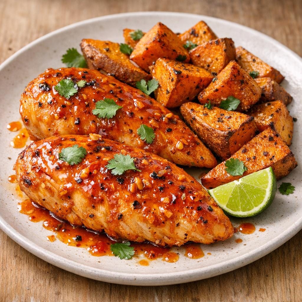 Filets de poulet glacés à la Purée de Piment Ananas Moyenne, patates douces rôties avec Purée de Piment Ananas Moyenne