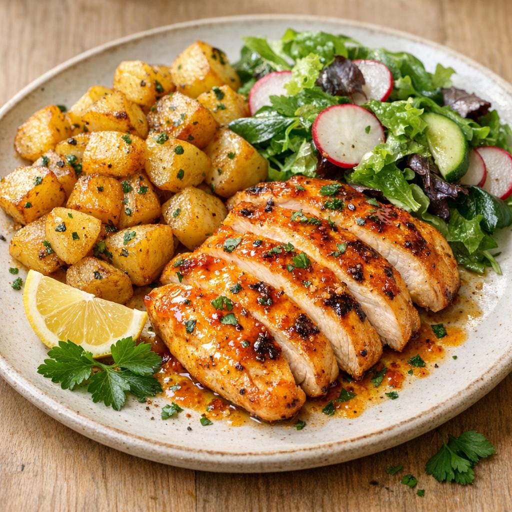 Filets de poulet grillés au Purée de Piment Citron Moyenne, pommes de terre sautées et salade croquante avec Purée de Piment Citron Moyenne